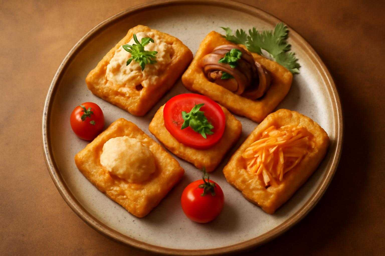 油揚げを様々な食べ方でアレンジして盛り付けた、おいしそうな料理の画像
