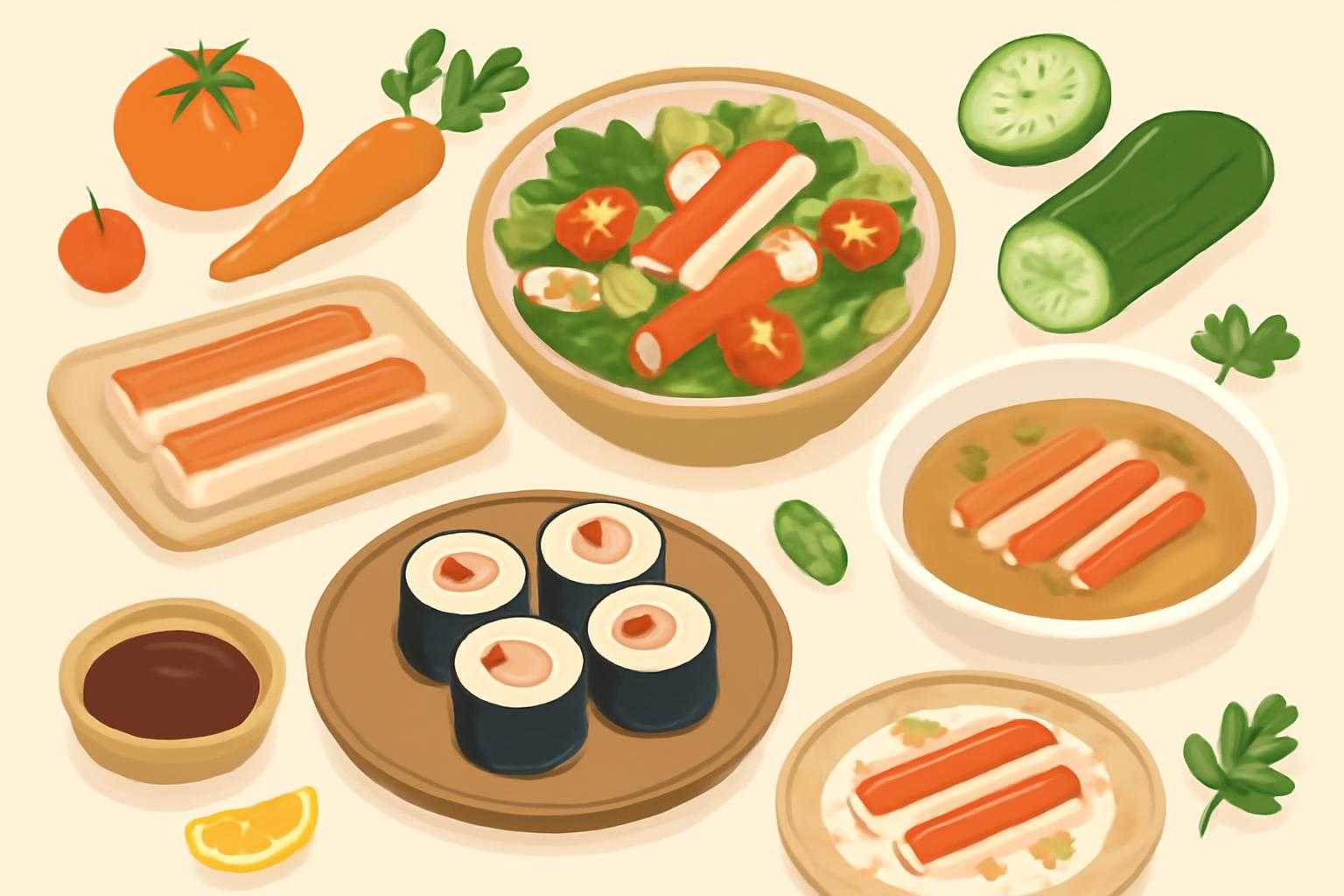 カニカマを使った様々な健康的で安全な料理方法を表現した、食卓での食べ方提案のイラスト
