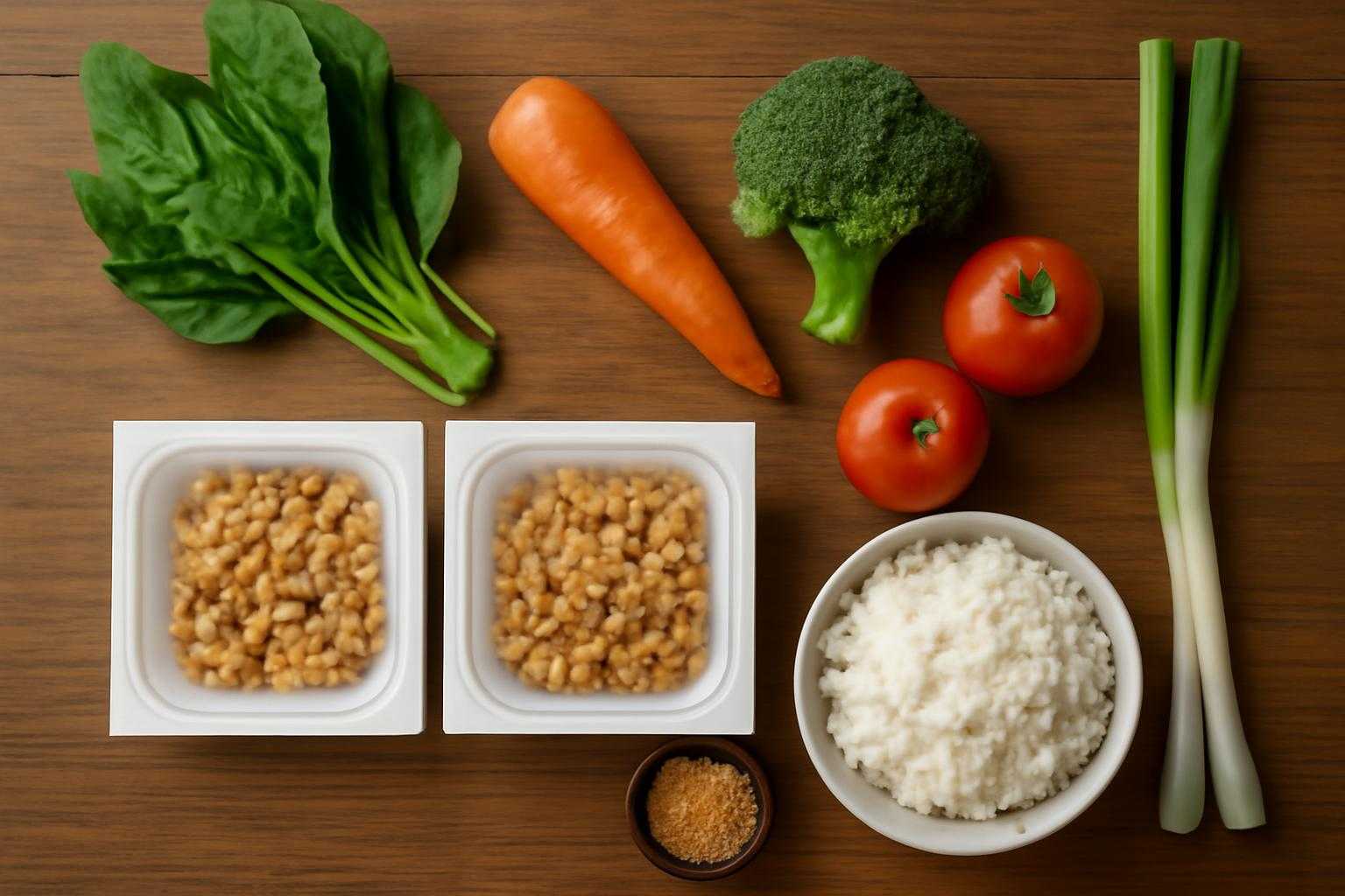 納豆パックと健康的な食材が並べられた食卓の様子