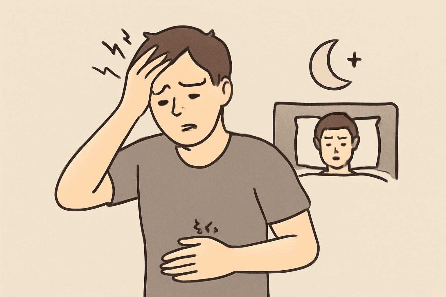 頭痛や不眠、胃痛などカカオニブの食べすぎで起こりやすい症状を表現した図解