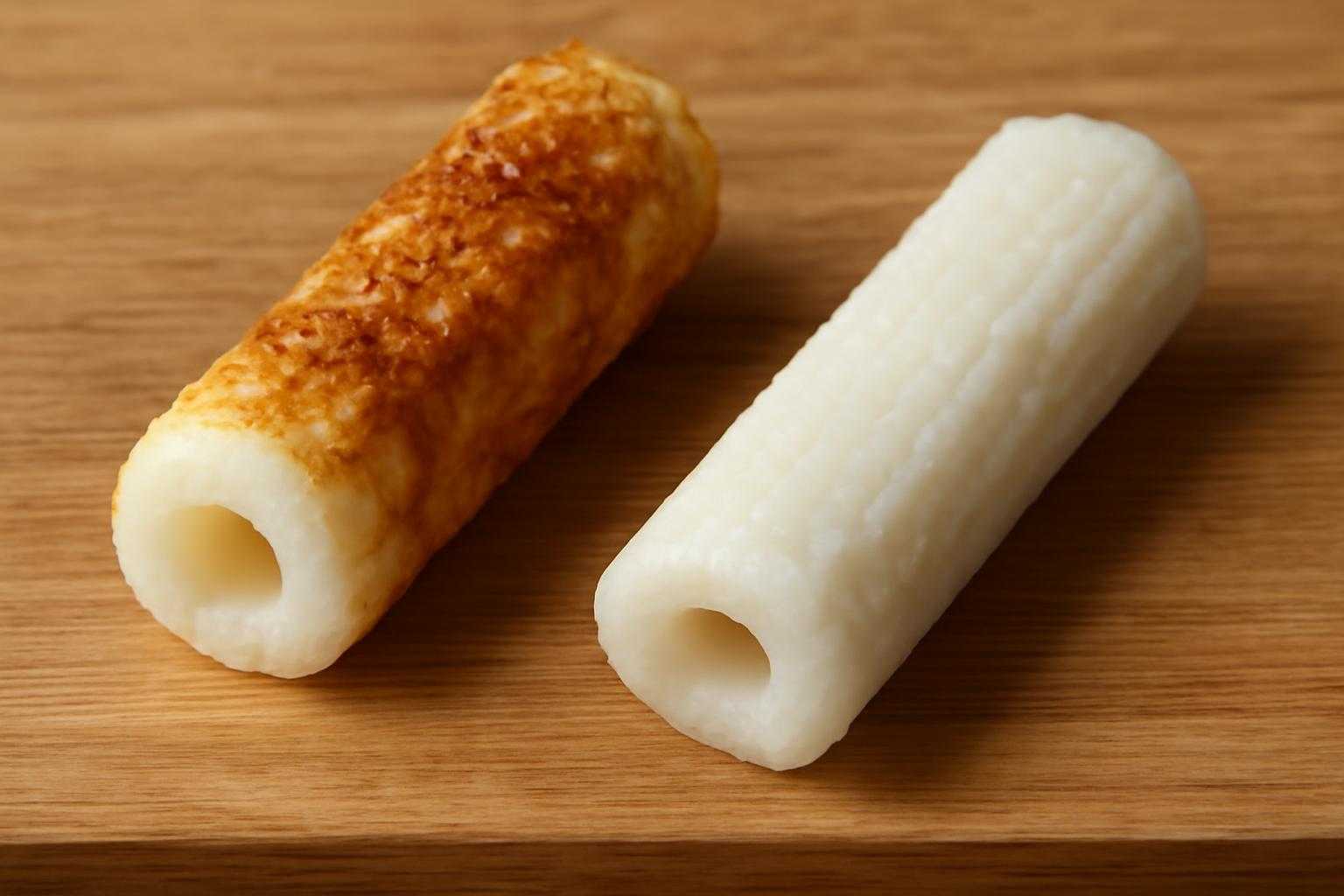 焼いたちくわと生のちくわを並べて比較した写真