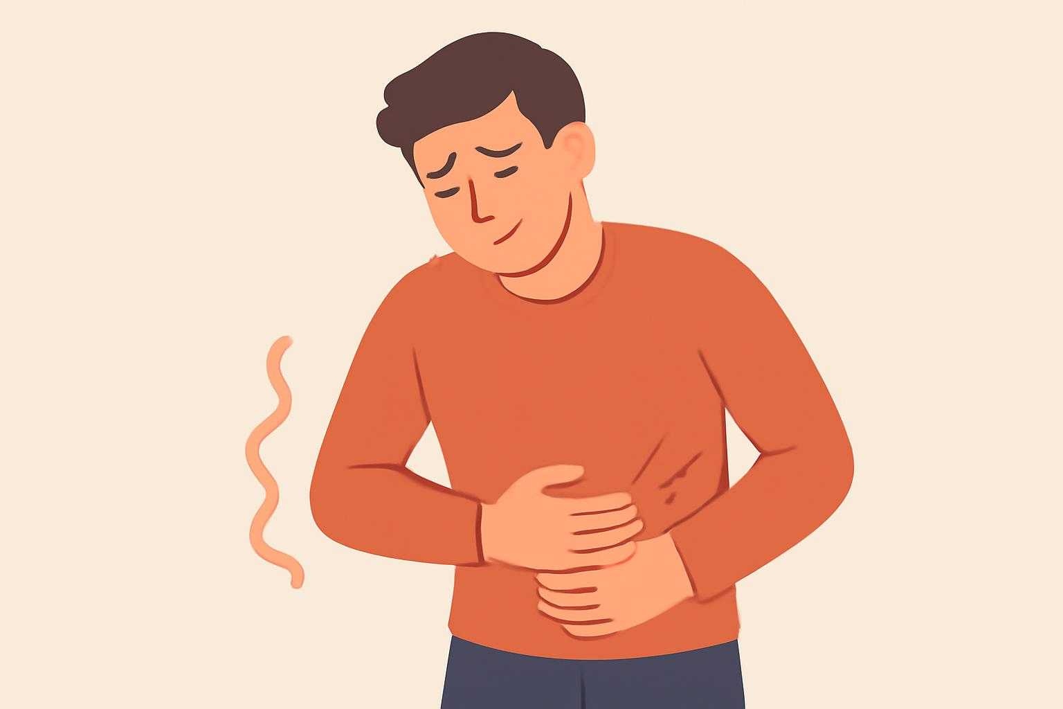 お腹の痛みや不快感を感じている人の腹部と、周囲に浮かぶ症状のアイコン