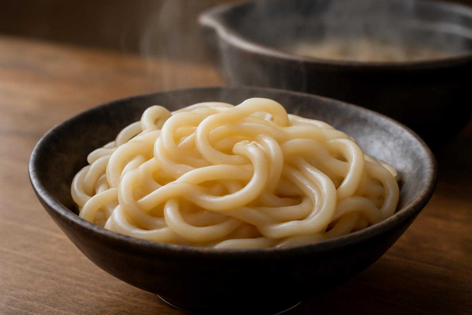 湯気が立つ鍋で調理されたもちもちのうどんが器に盛られている状態