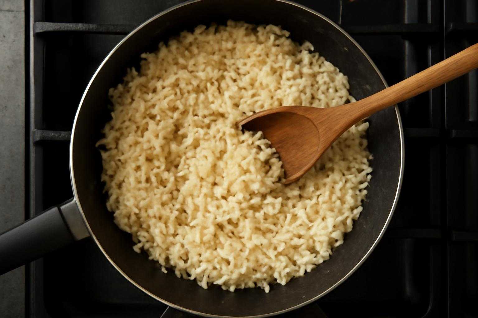 フライパンの上でご飯を炒めている調理風景