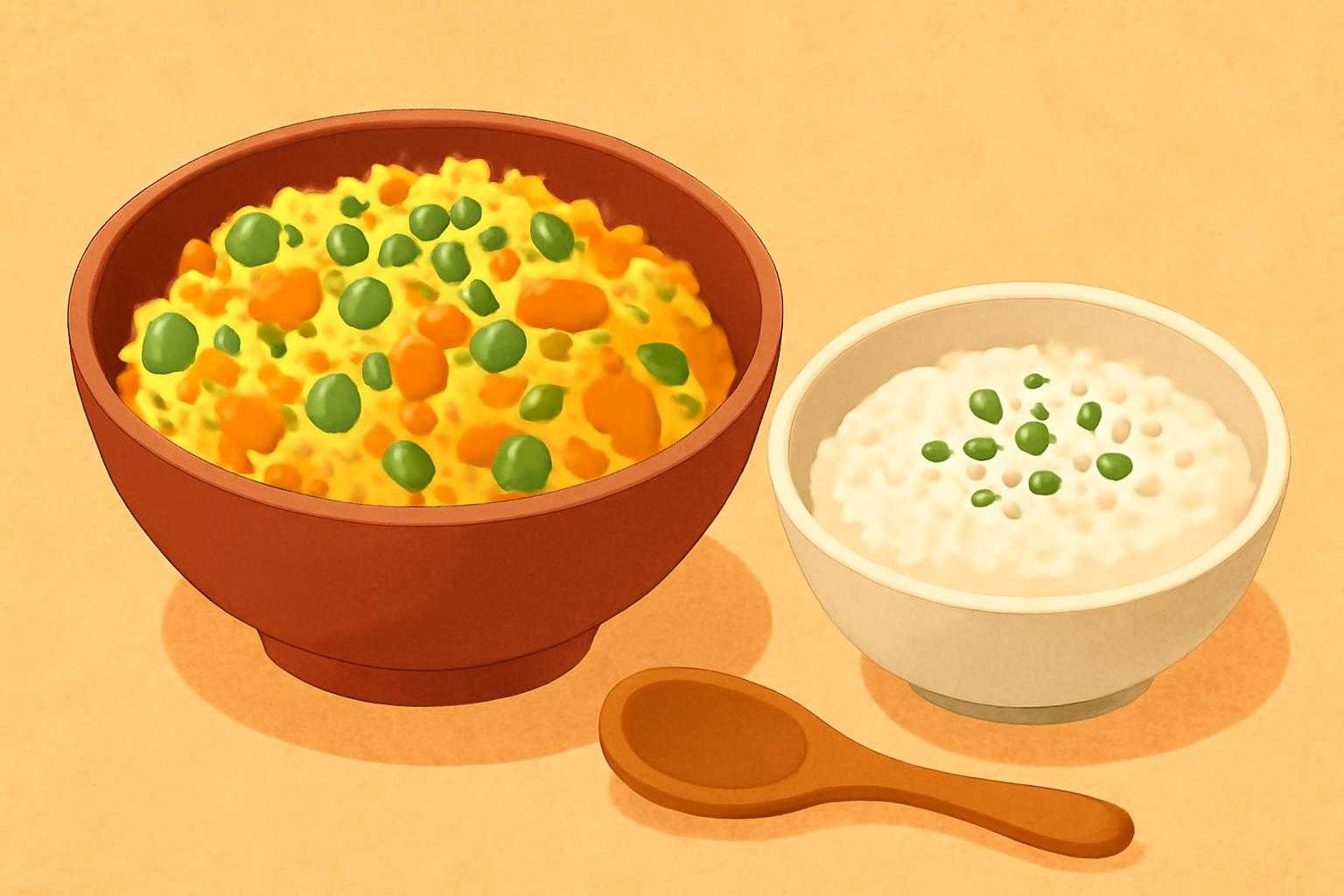 ご飯でリメイク料理を作っている様子、チャーハンやおかゆなどの完成形