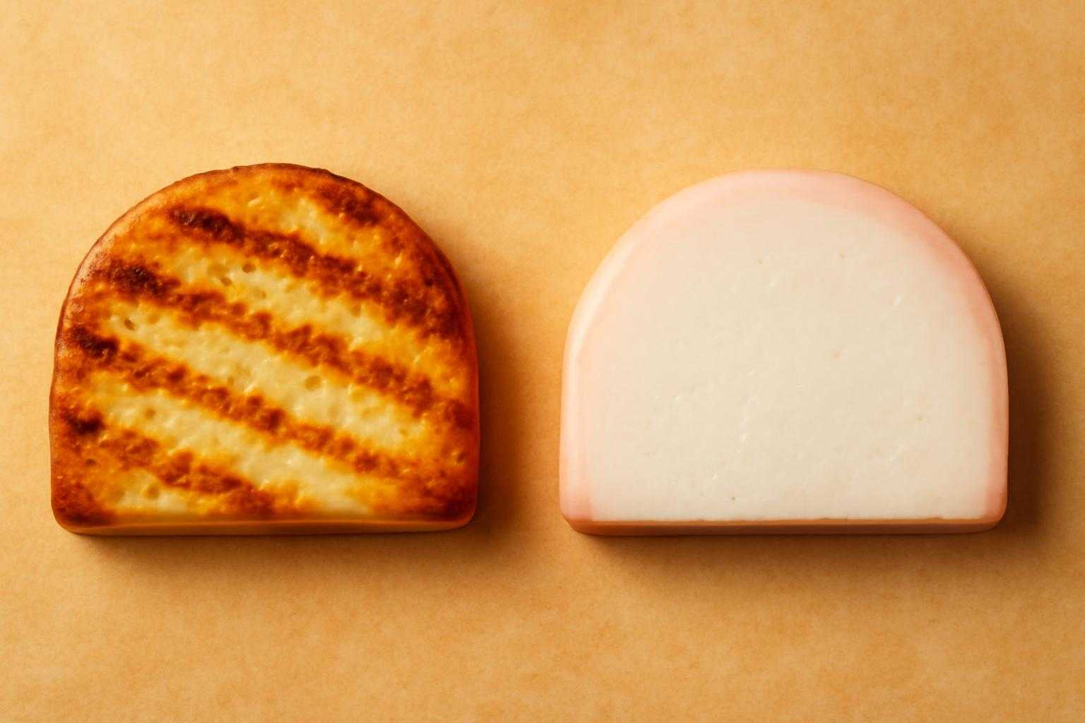 焼かれたかまぼこと生のかまぼこが並べられ、焼いたほうがより美味しそうに見える比較画像