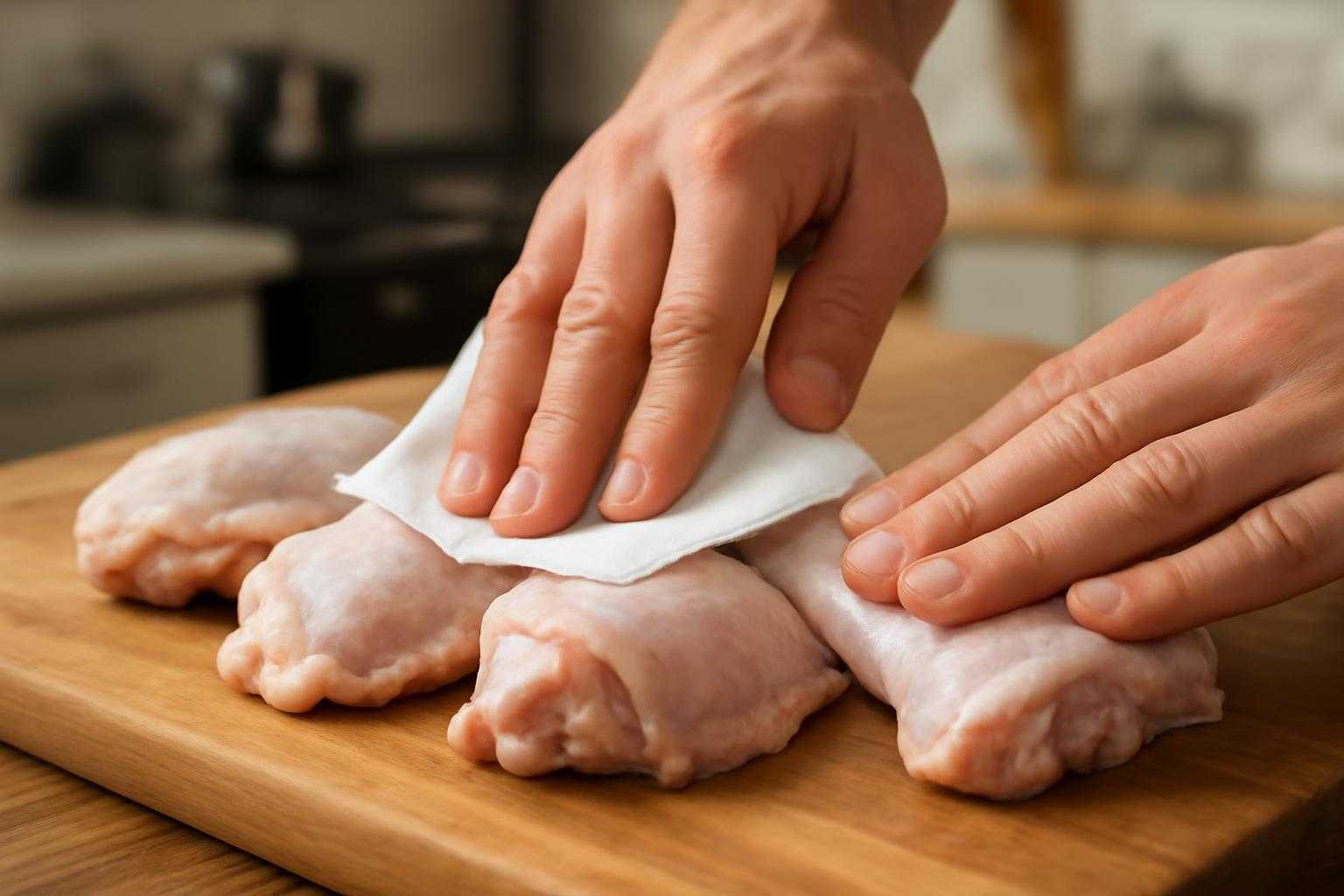 キッチンペーパーで鶏肉の水分をしっかり拭き取っている様子