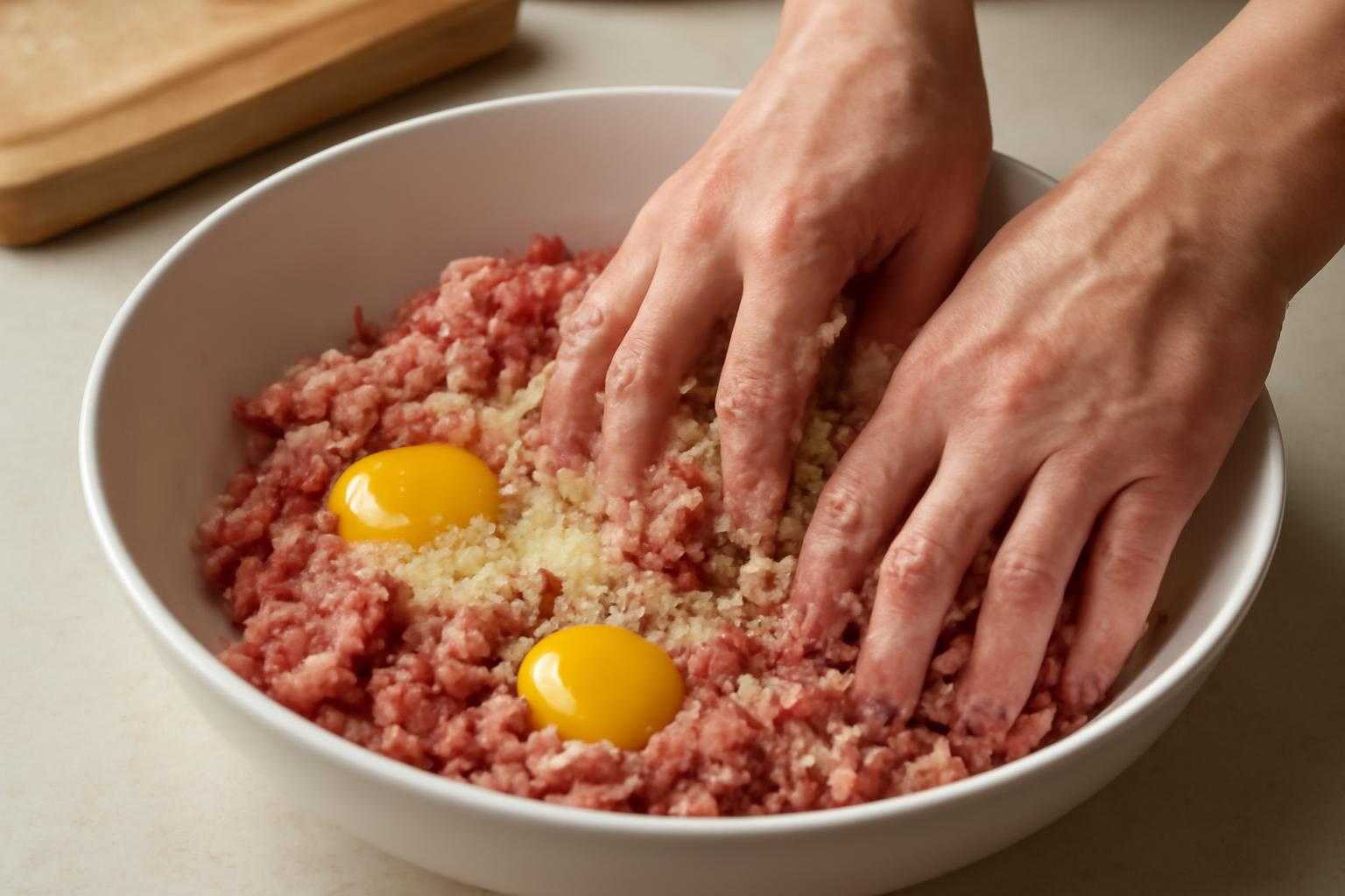 ボウルに入った挽き肉に卵とパン粉を混ぜている調理風景
