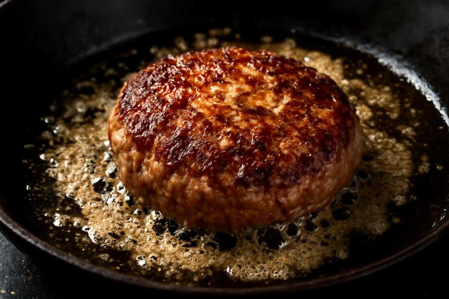 フライパンで焼かれているハンバーグから肉汁が閉じ込められている様子