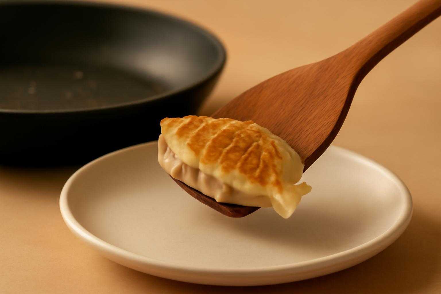 焼き上がった餃子を木製のヘラで丁寧にはがしながら白い皿に移す場面