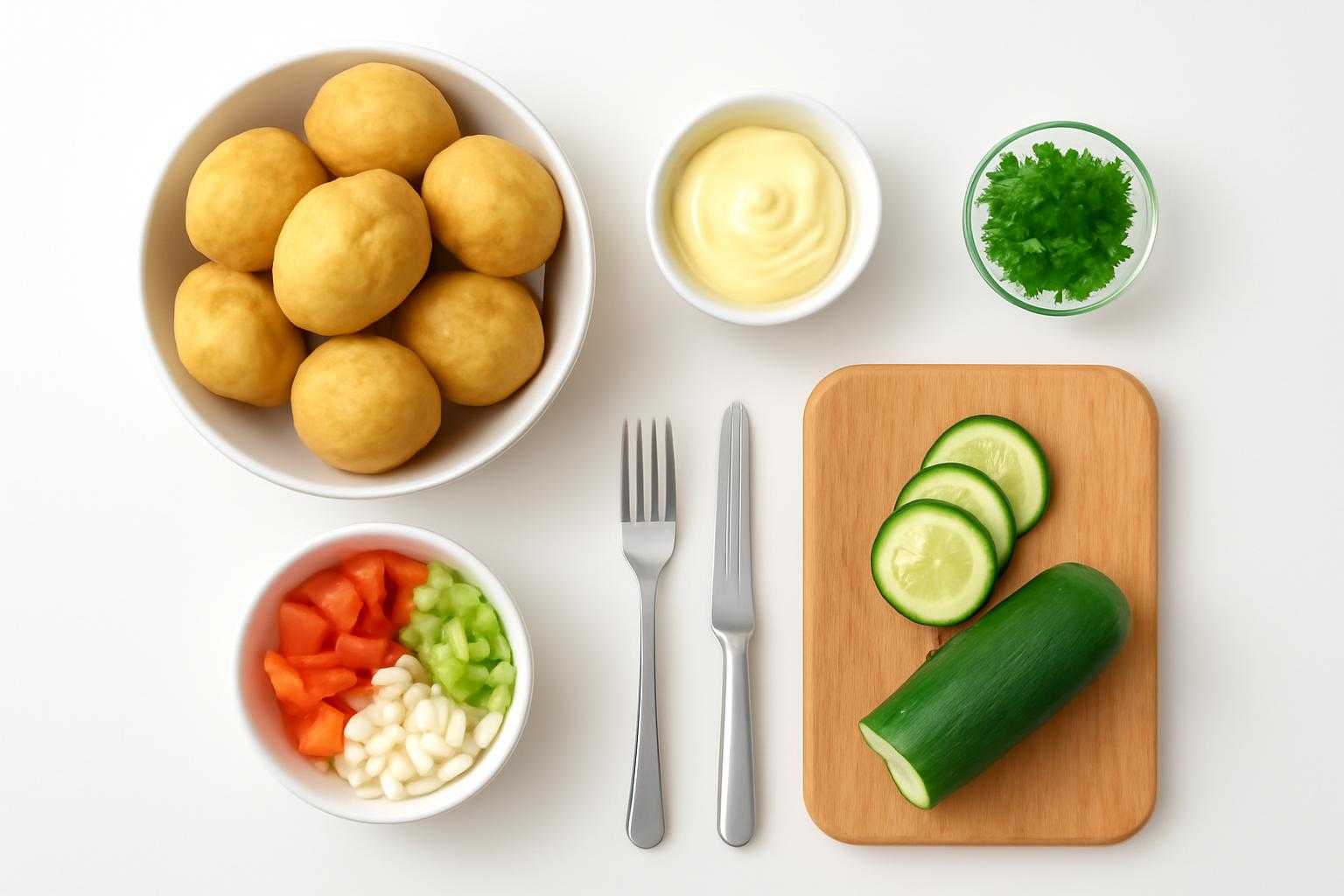 新鮮な材料と調理工程が並んだ、きれいなポテトサラダの作り方