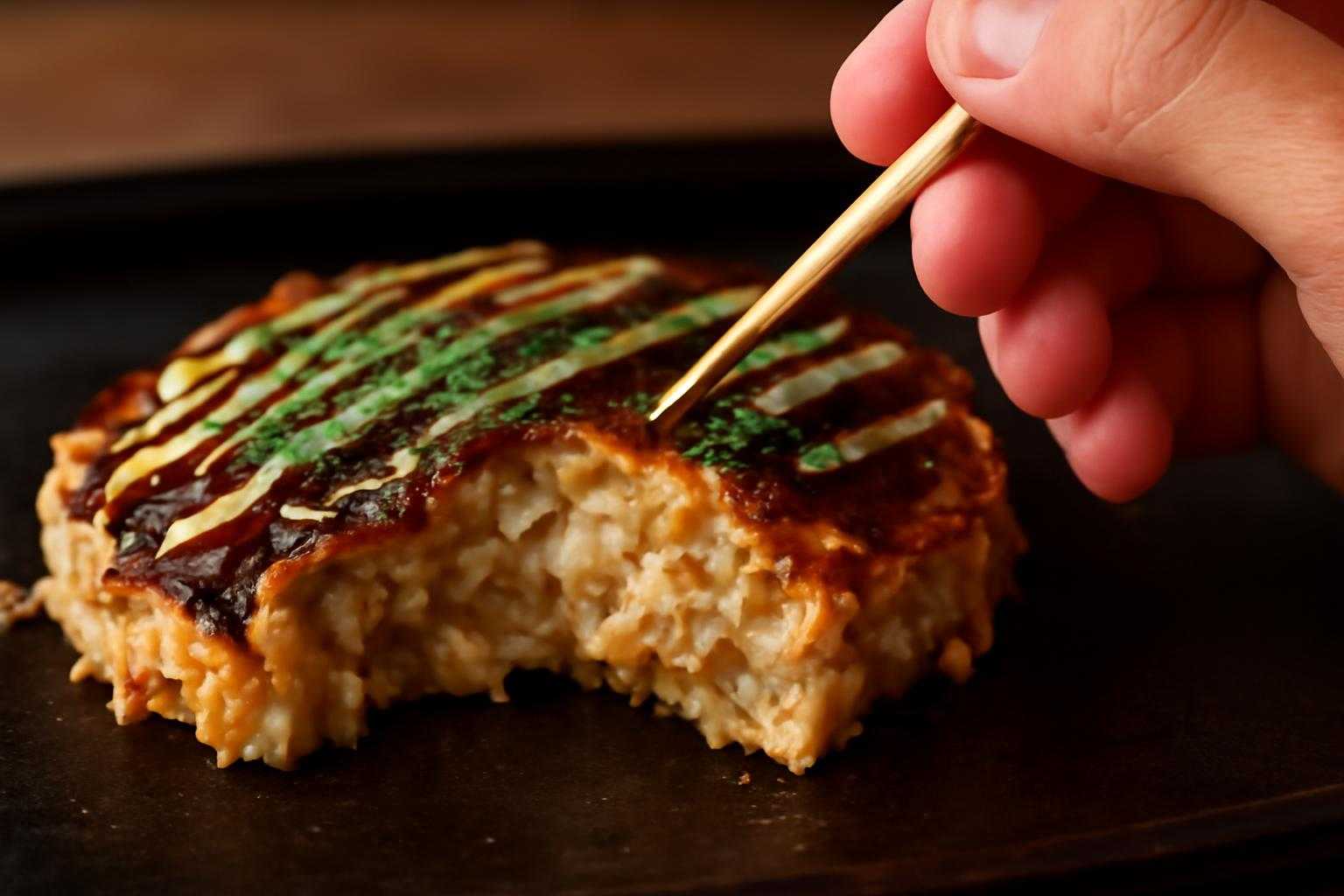 焼き上がったお好み焼きを竹串で刺して、中身の焼き加減を確認する手元のアップ