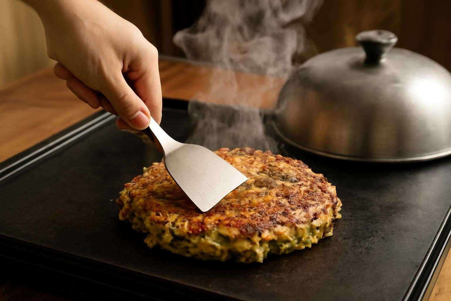 ホットプレートの上でお好み焼きを焼き直している様子、蓋をしたり返したりする調理シーン
