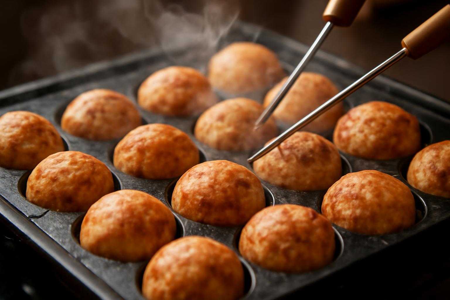 たこ焼き器で焼かれている最中の様子、ピックで回転させながら焼く動作がわかる構図