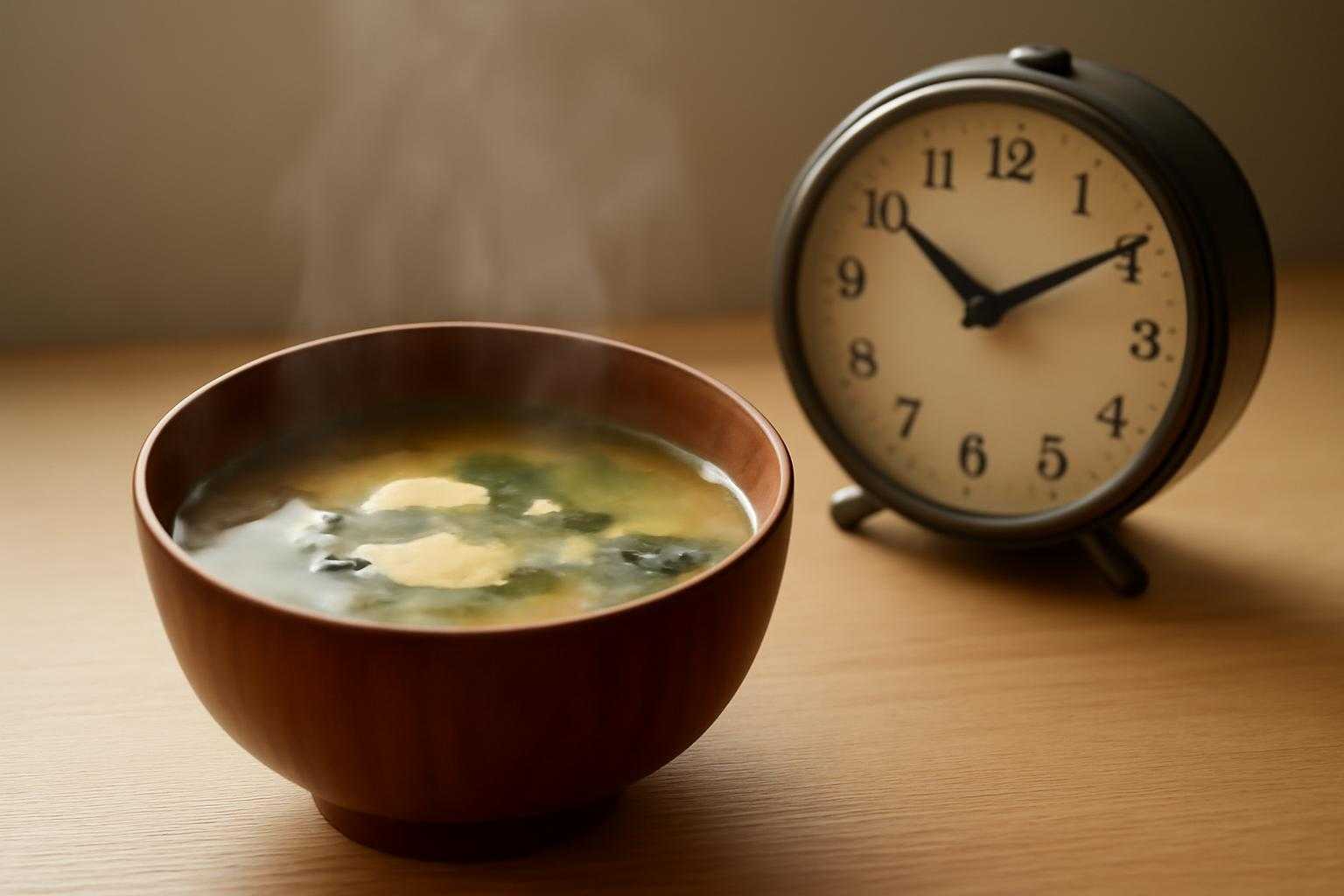 常温に置かれた味噌汁が入った茶碗と時計で、時間経過を表現