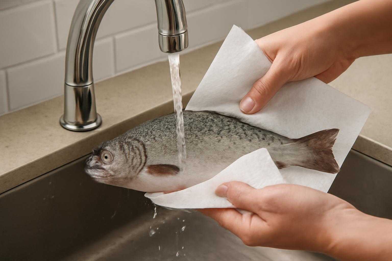 魚を水で洗い、キッチンペーパーで水分を拭き取っている様子