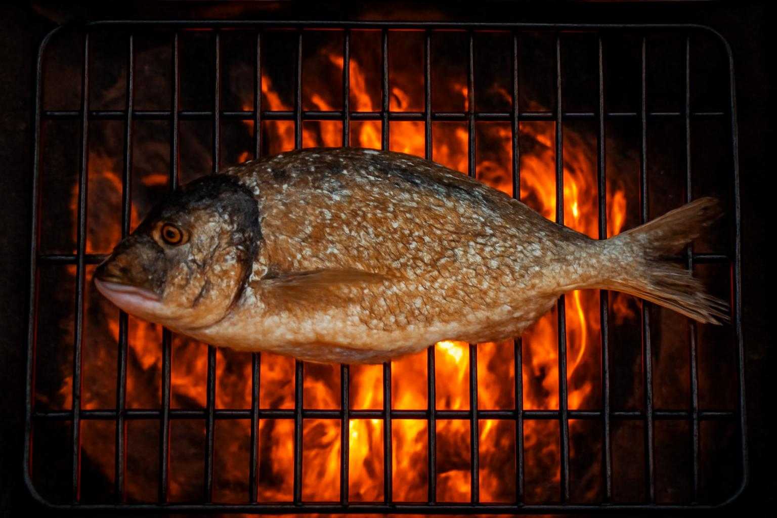 魚焼きグリルで塩をふった魚が焼かれている調理風景