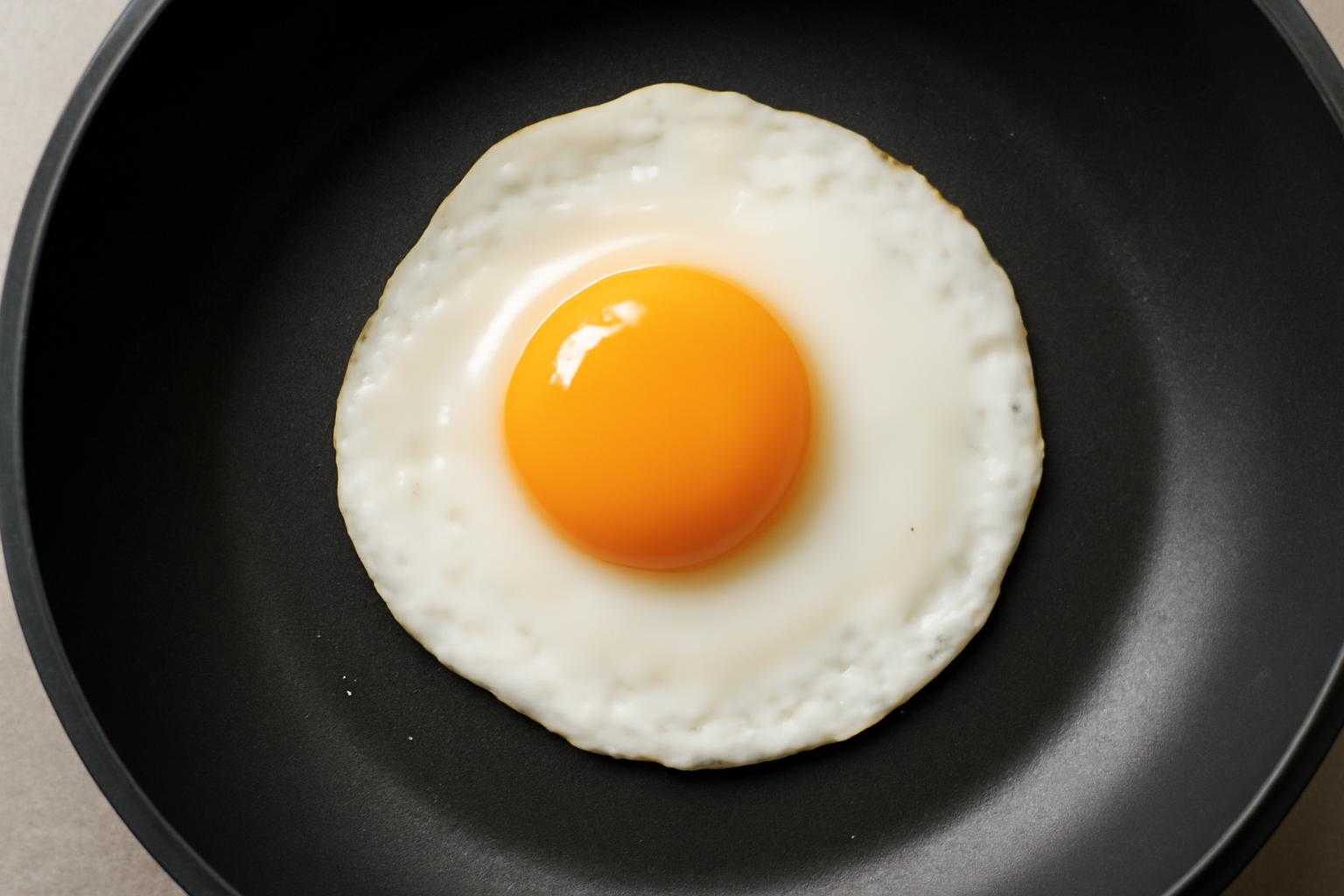 フライパンの上で白身が固まり、黄身が半熟の目玉焼き
