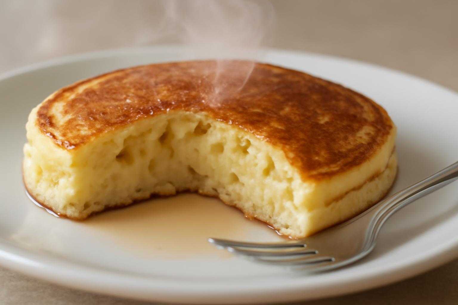 割られたホットケーキから湯気が立ち、中心が生っぽく見える断面図