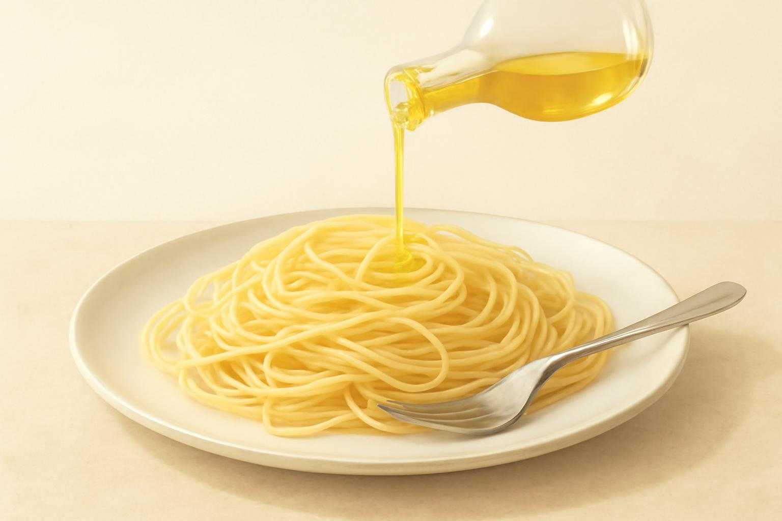 オリーブオイルをかけたパスタをほぐしながら冷ましている様子