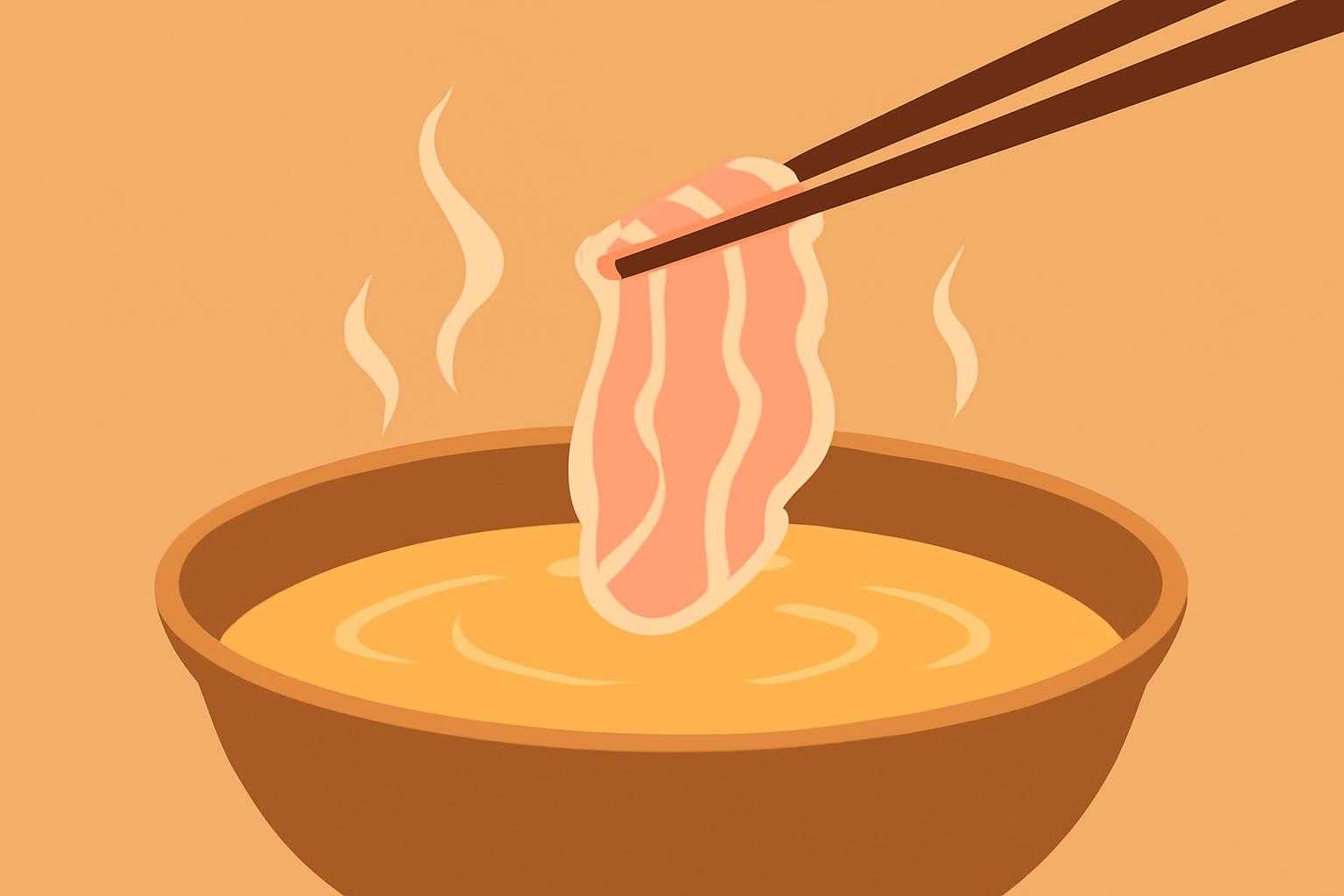 豚しゃぶ肉がしゃぶしゃぶ鍋に入っている調理風景