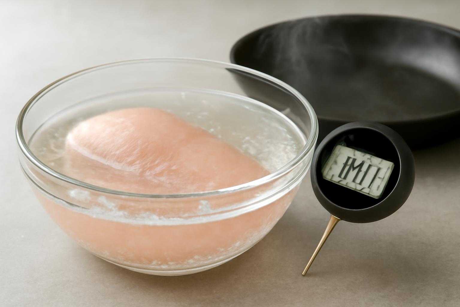 鶏胸肉を塩水に漬ける下準備と、低温でじっくり加熱調理している工程