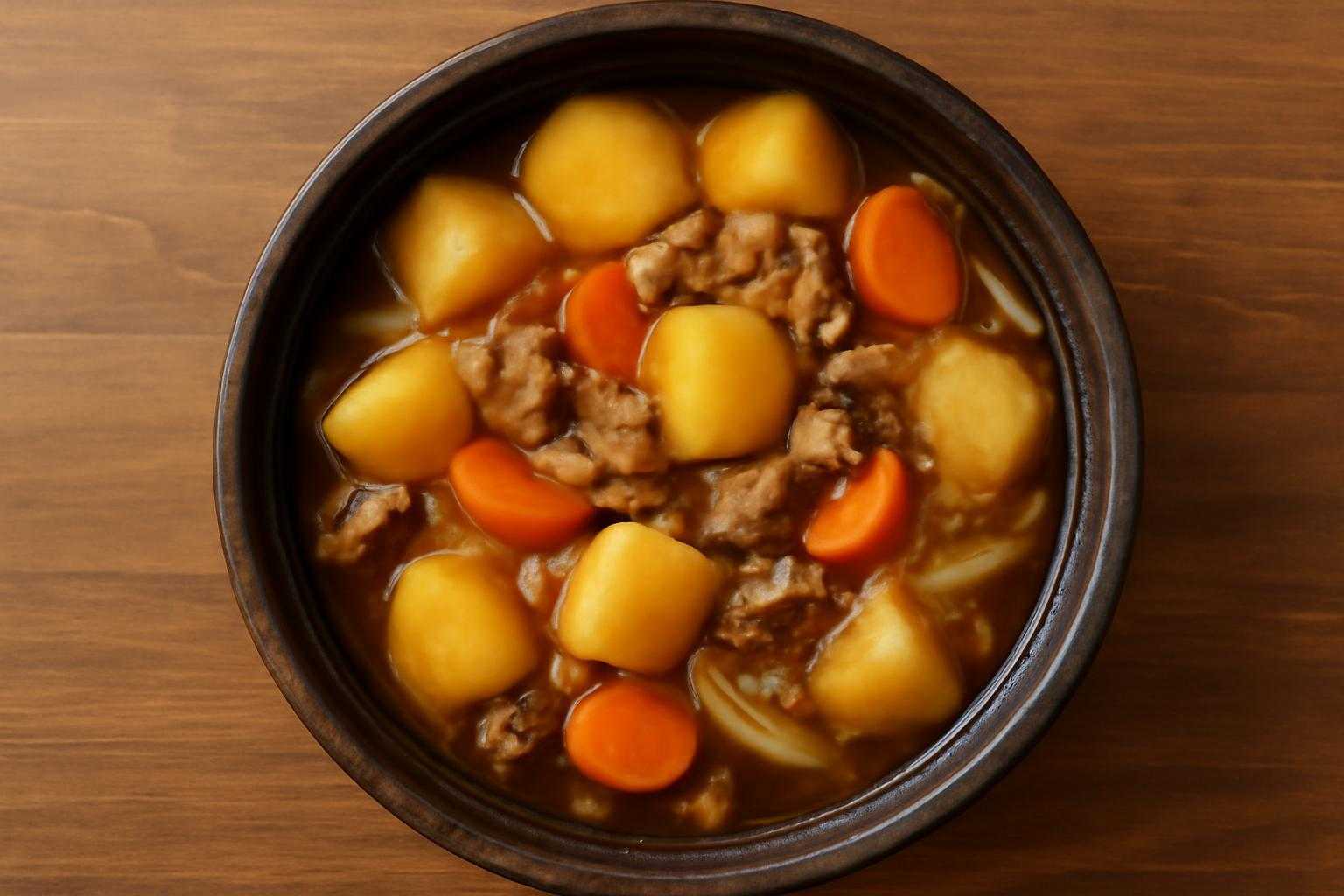 鍋の中の肉じゃがを上から見た状態で、煮汁の量と具材の状態を確認している様子