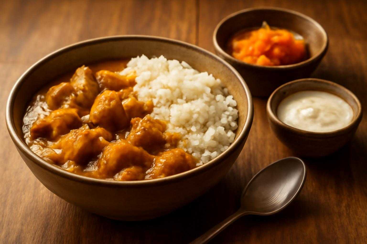 カレーライスの盛り付けられた完成品と、横に添えられたサイドディッシュ