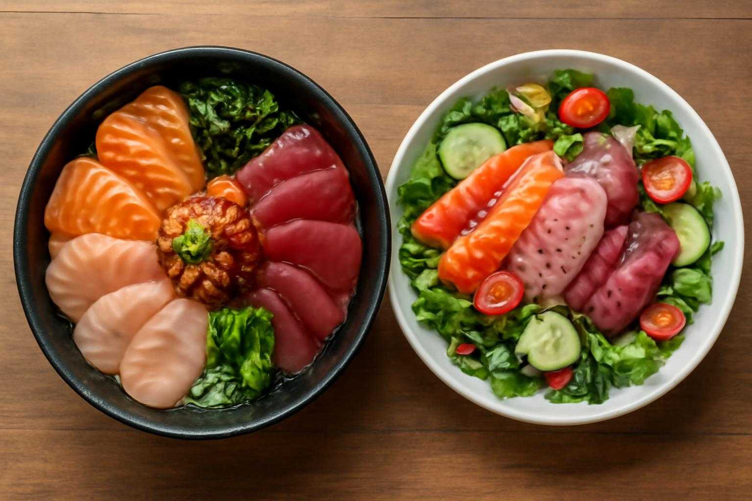 冷凍刺身をアレンジした漬け丼や刺身サラダなどの完成料理