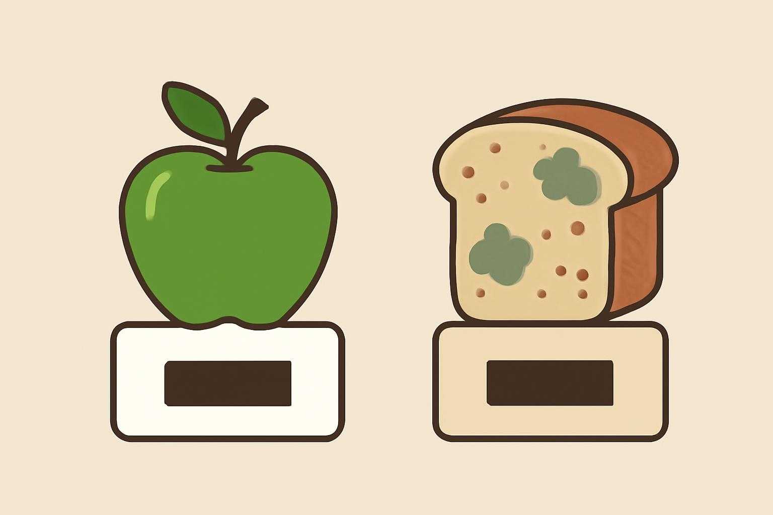 賞味期限と消費期限の違いを示す、2つの日付ラベルと食品の比較画像