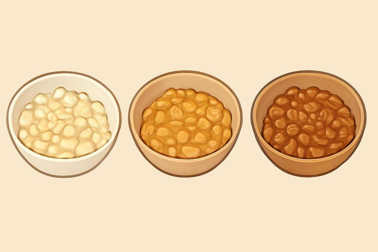 納豆が時間経過で変色し、粘性が変わる様子を表現した段階的な画像
