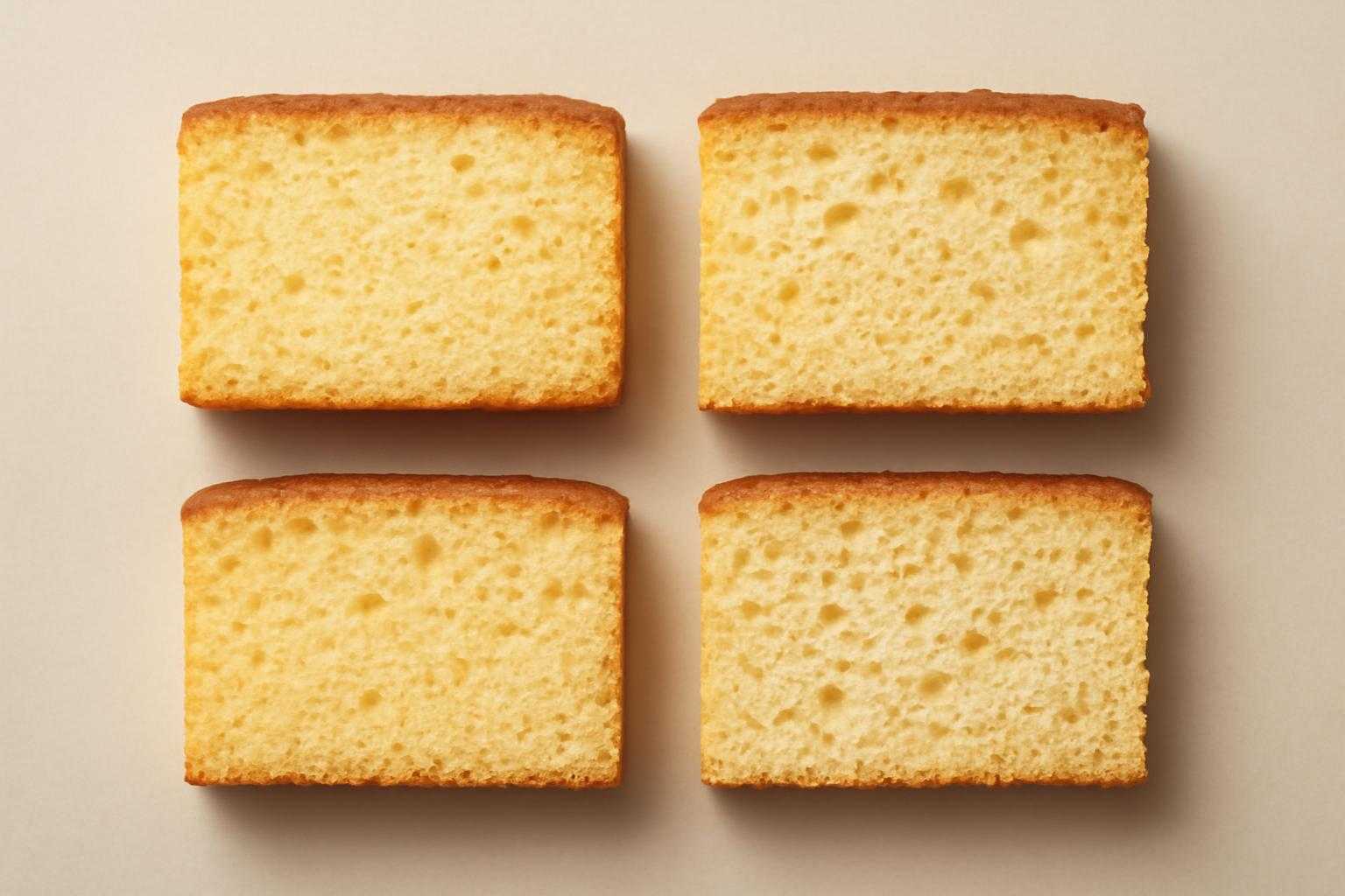 焼き加減が異なるスポンジケーキのクローズアップ比較