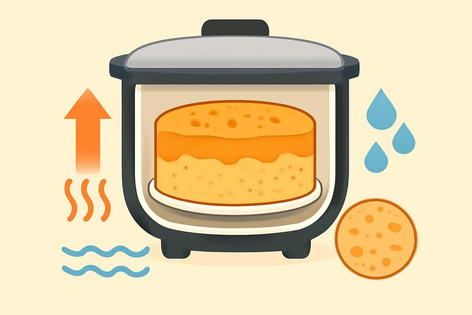 炊飯器の中で半分焼けたケーキと、その周りに火加減、水分量、混ぜ方などの原因要素が視覚的に表現されている