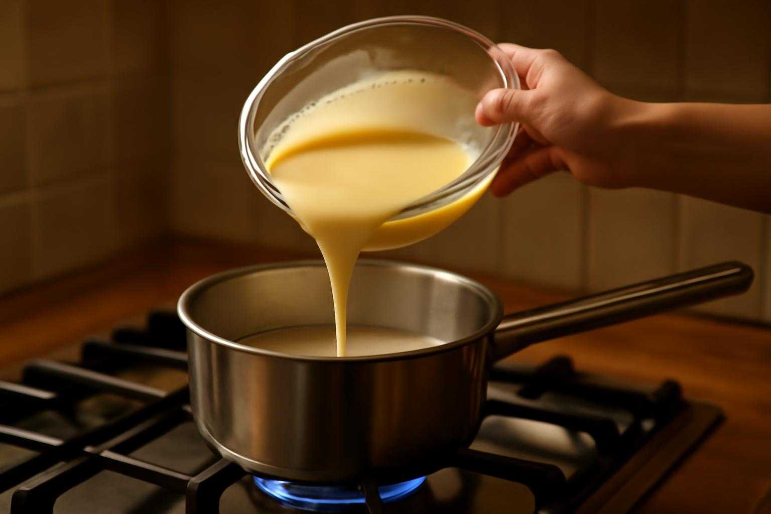新しいプリン液を鍋に流し入れ、湯煎で加熱する調理過程の様子