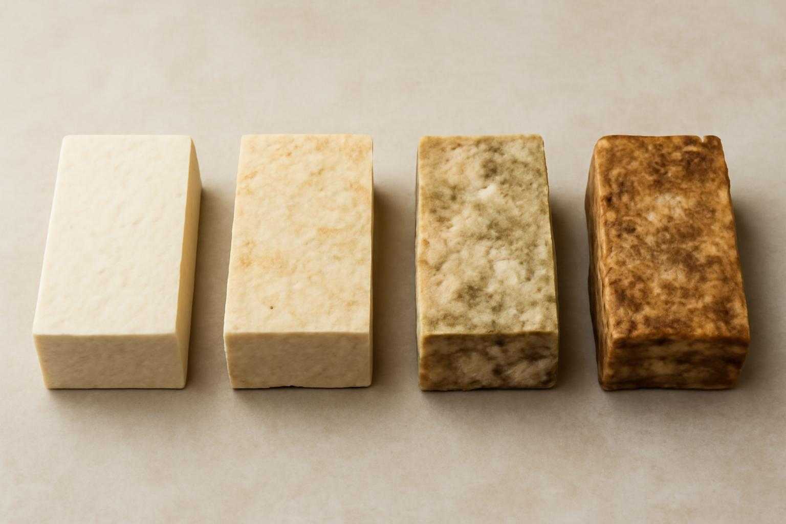 傷んだ豆腐の色や質感の変化を示す、腐敗の段階的なビジュアル表現
