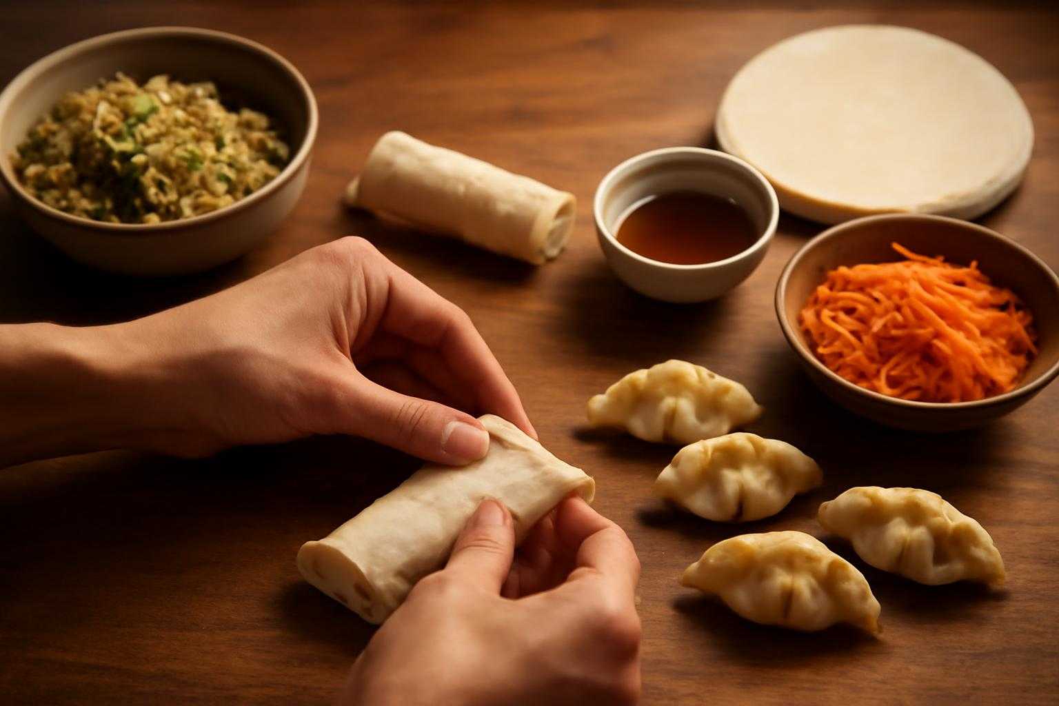 春巻きと餃子の皮を正しく選んで包んでいる調理風景