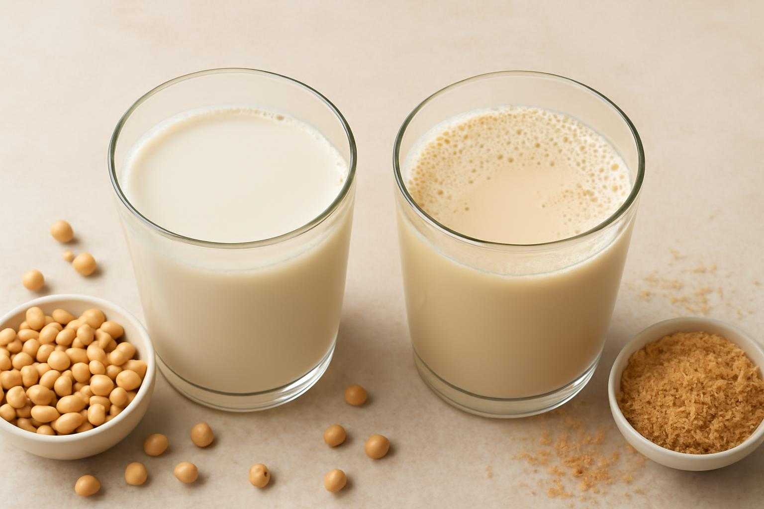 無調整豆乳と調製豆乳を並べて比較している画像