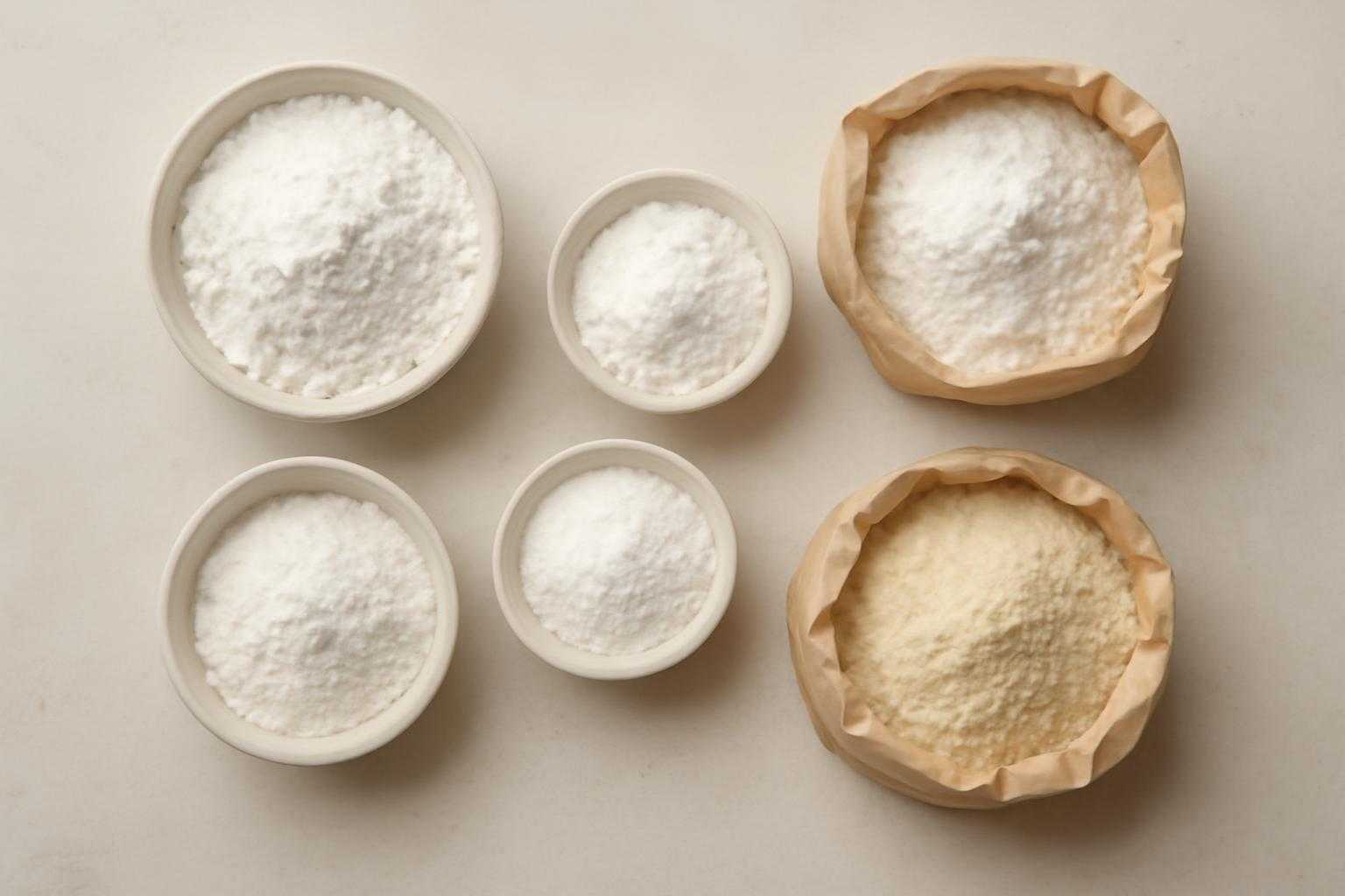 白玉粉ともち粉の袋と代用可能な他の材料を並べた、実用的な代用方法の参考画像
