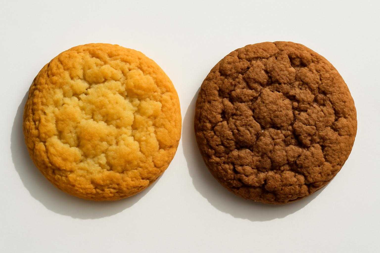 ベーキングパウダーと重曹で焼いたクッキーやケーキの色合いと食感の違いを比較する様子