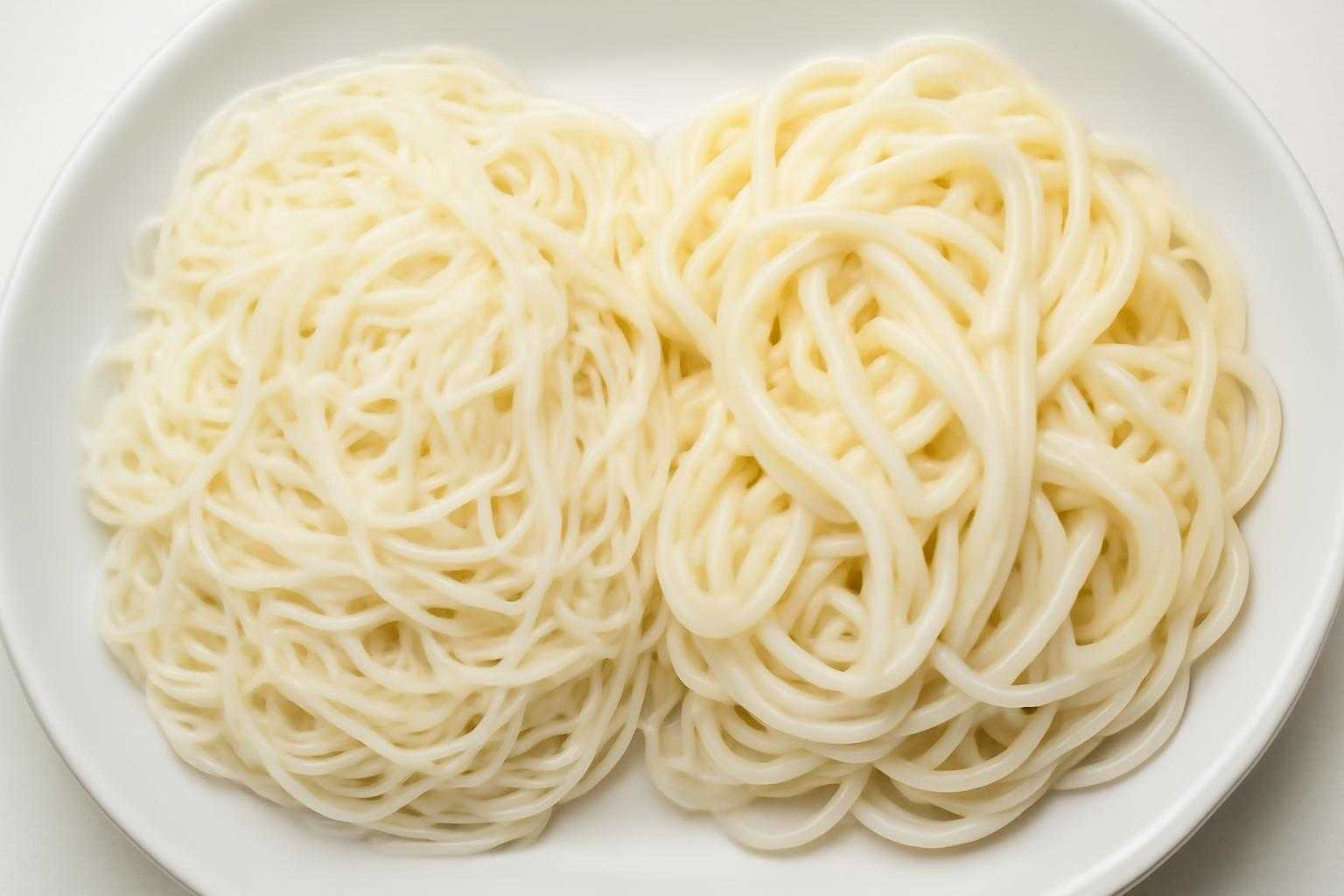そうめんとひやむぎを並べて、太さと色の違いを比較する様子