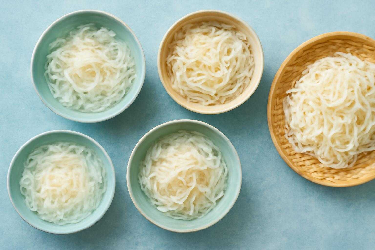冷たい氷水に浸したそうめんとひやむぎを涼しげに盛り付けた食卓の光景