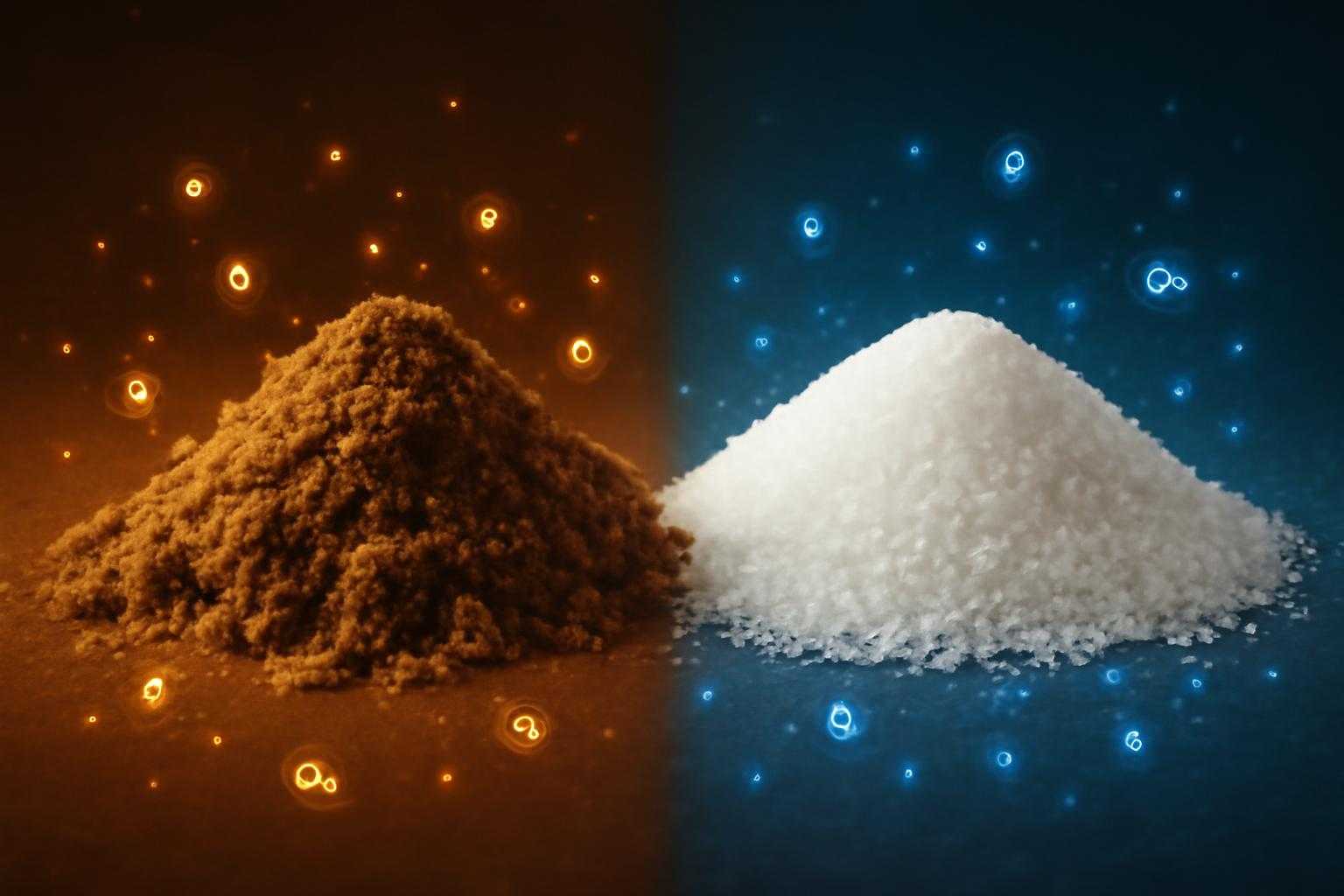 きび砂糖とてんさい糖を並べて比較し、それぞれの栄養成分や特徴を視覚的に表現した構成