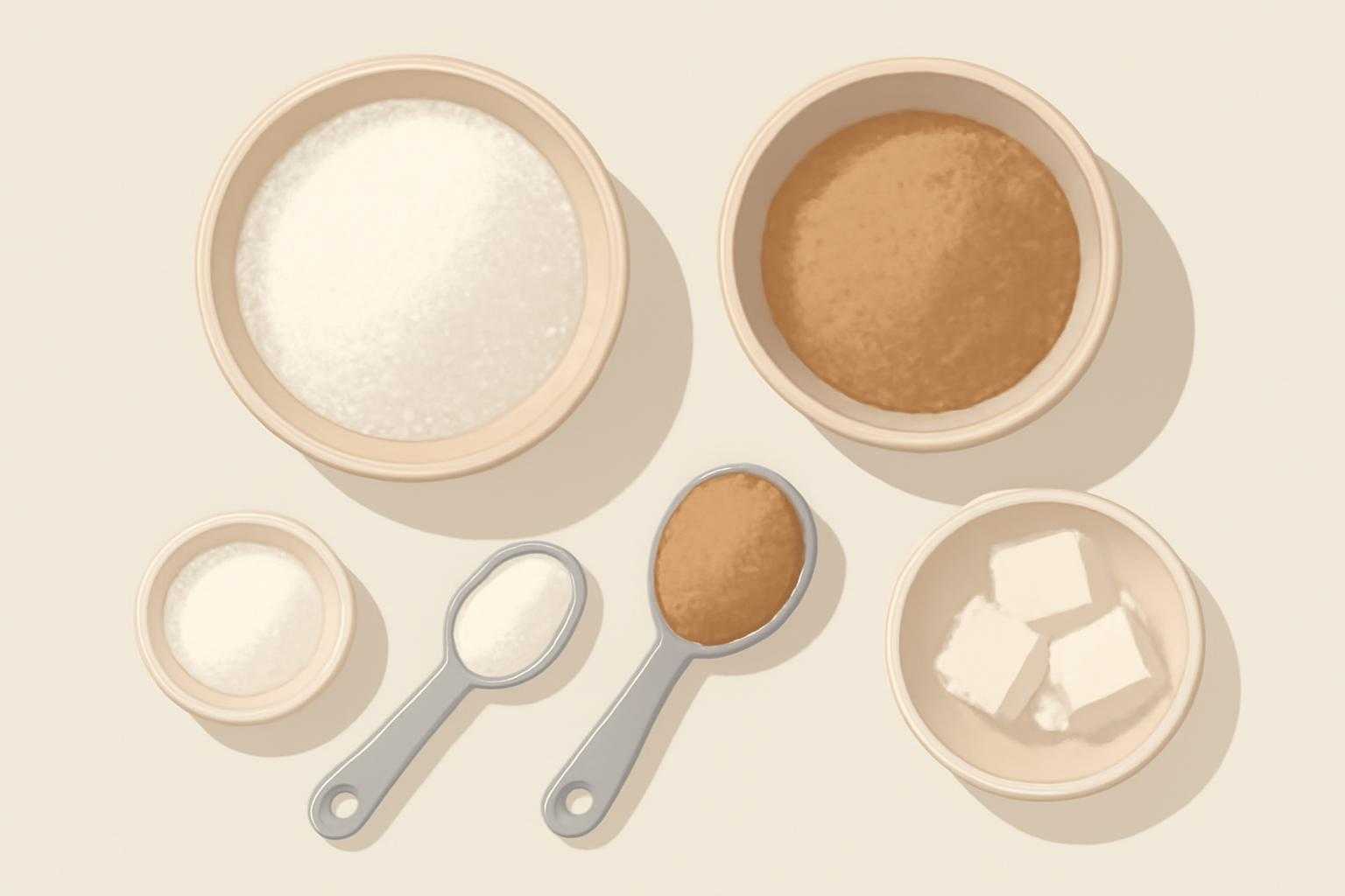 グラニュー糖と上白糖の代用方法を示す、砂糖と調味料の組み合わせ