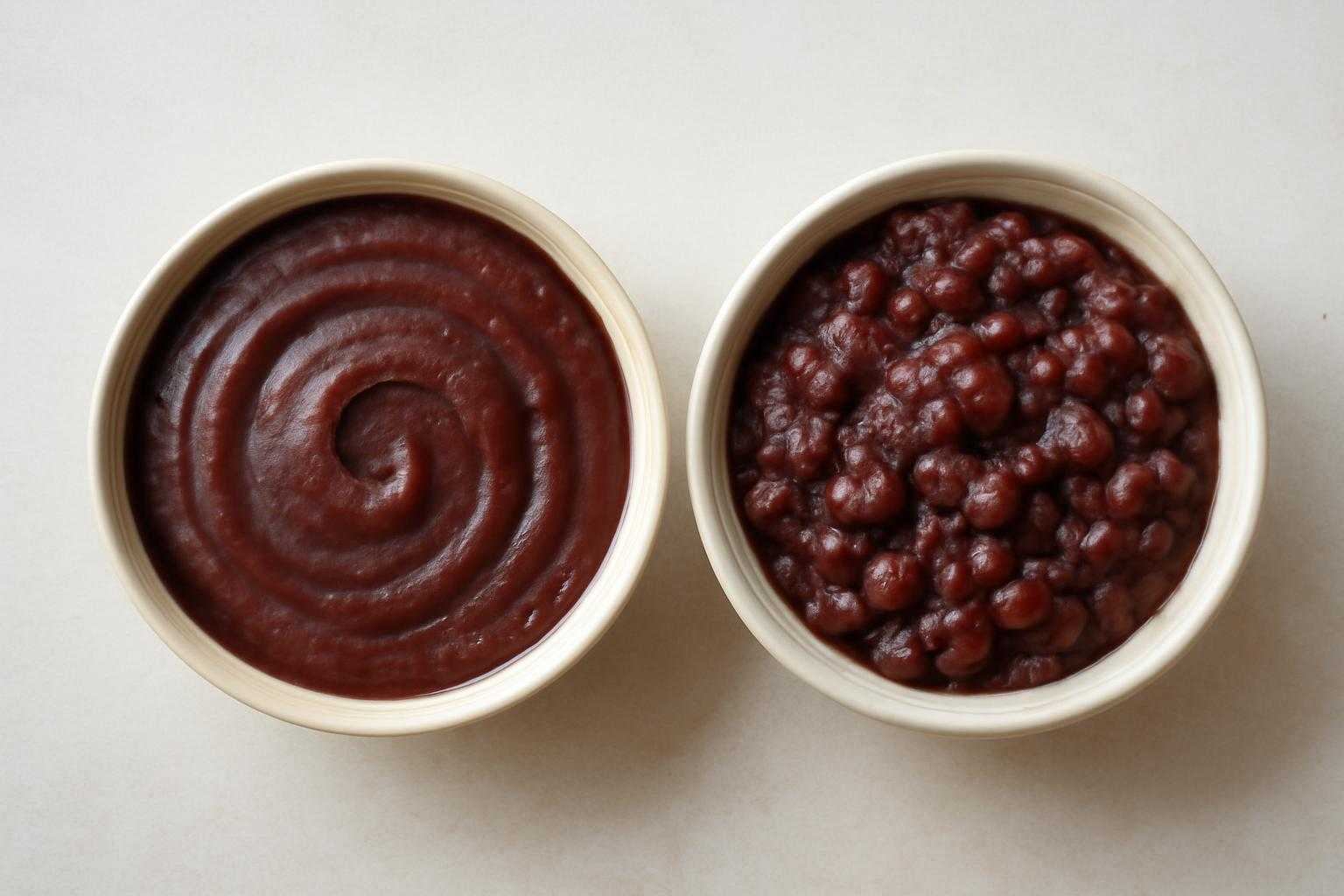 こしあんとつぶあんを並べた俯瞰図。それぞれの異なる食感と色合いを視覚的に表現