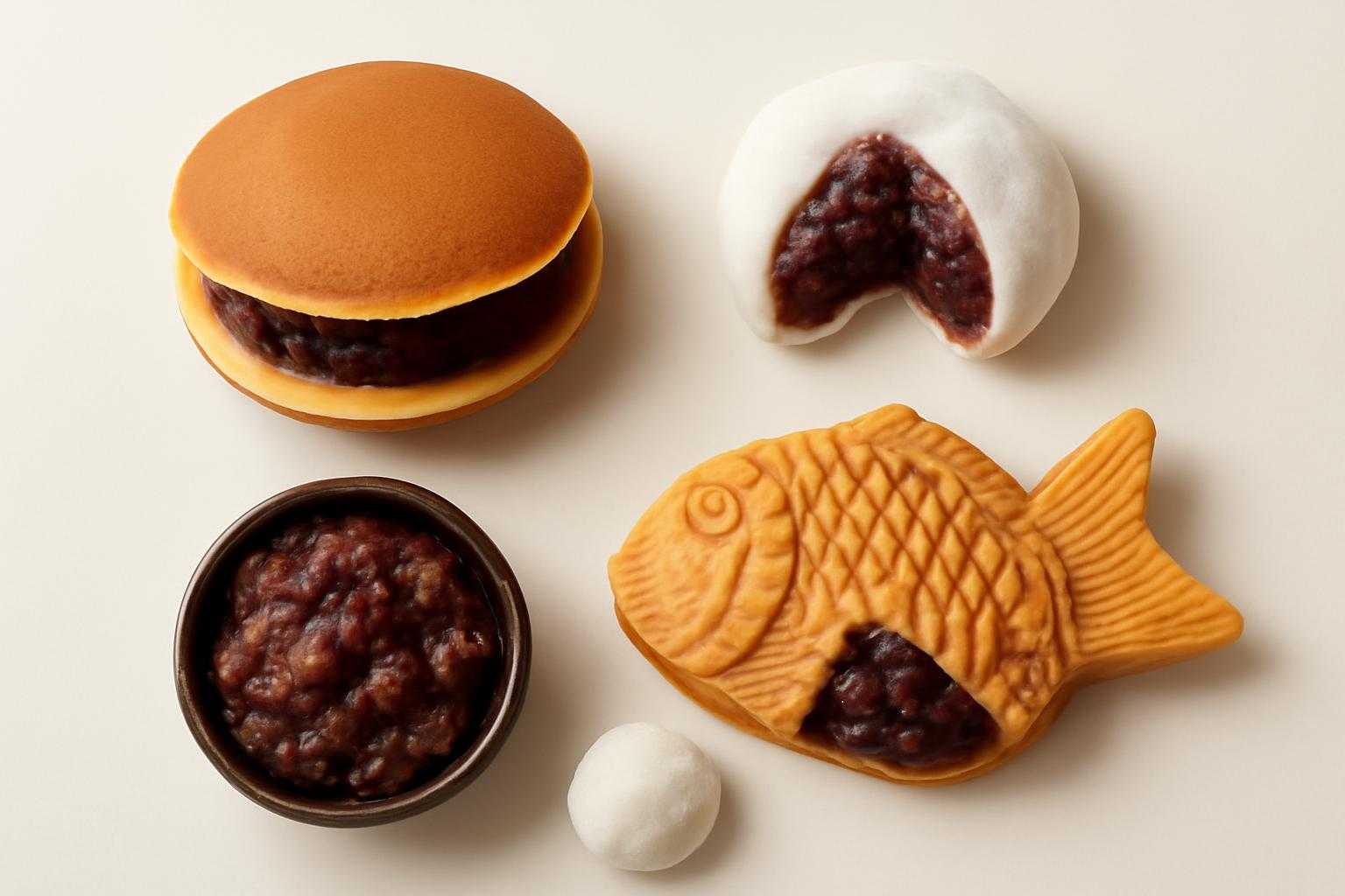 和菓子やお菓子に使われるあんこの様々な食べ方と組み合わせを示す。どら焼きや大福などの複数の和菓子