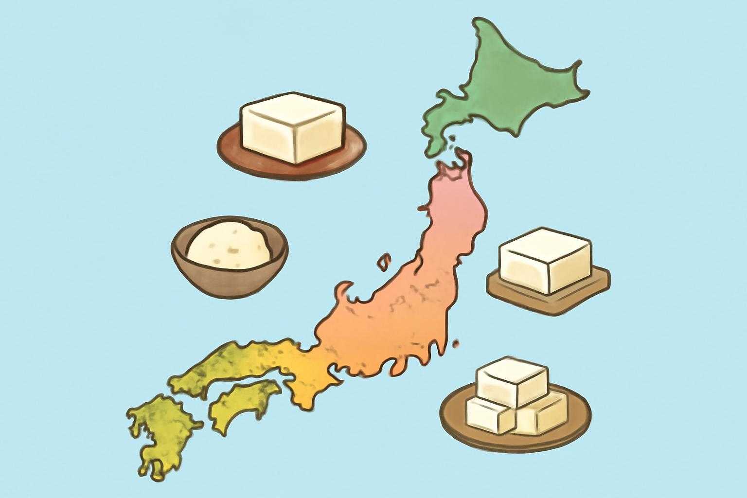 日本地図上に異なる食べ物が配置され、地域による呼び方の違いを表現している
