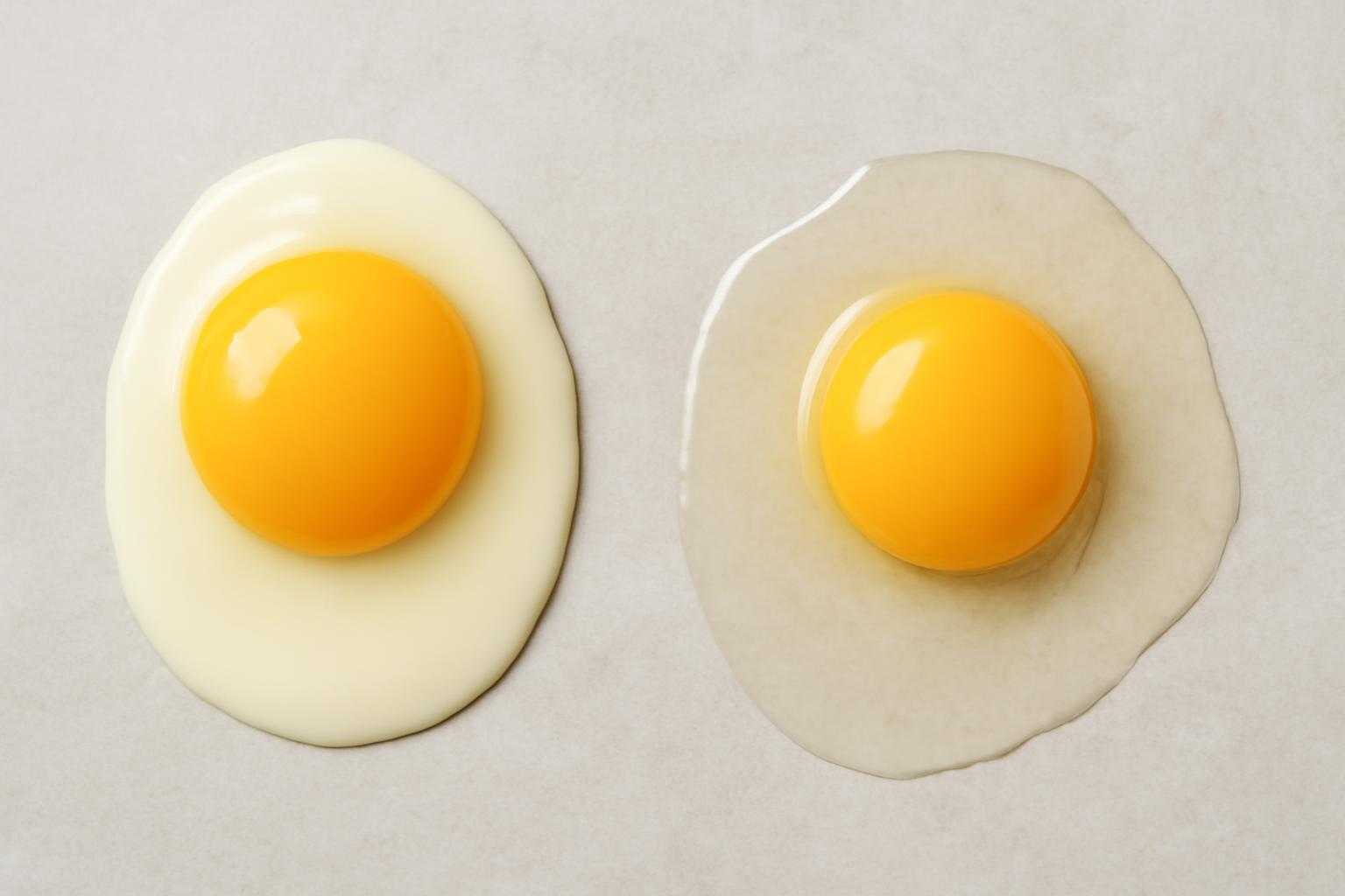 新鮮な卵と古い卵を並べて比較した画像
