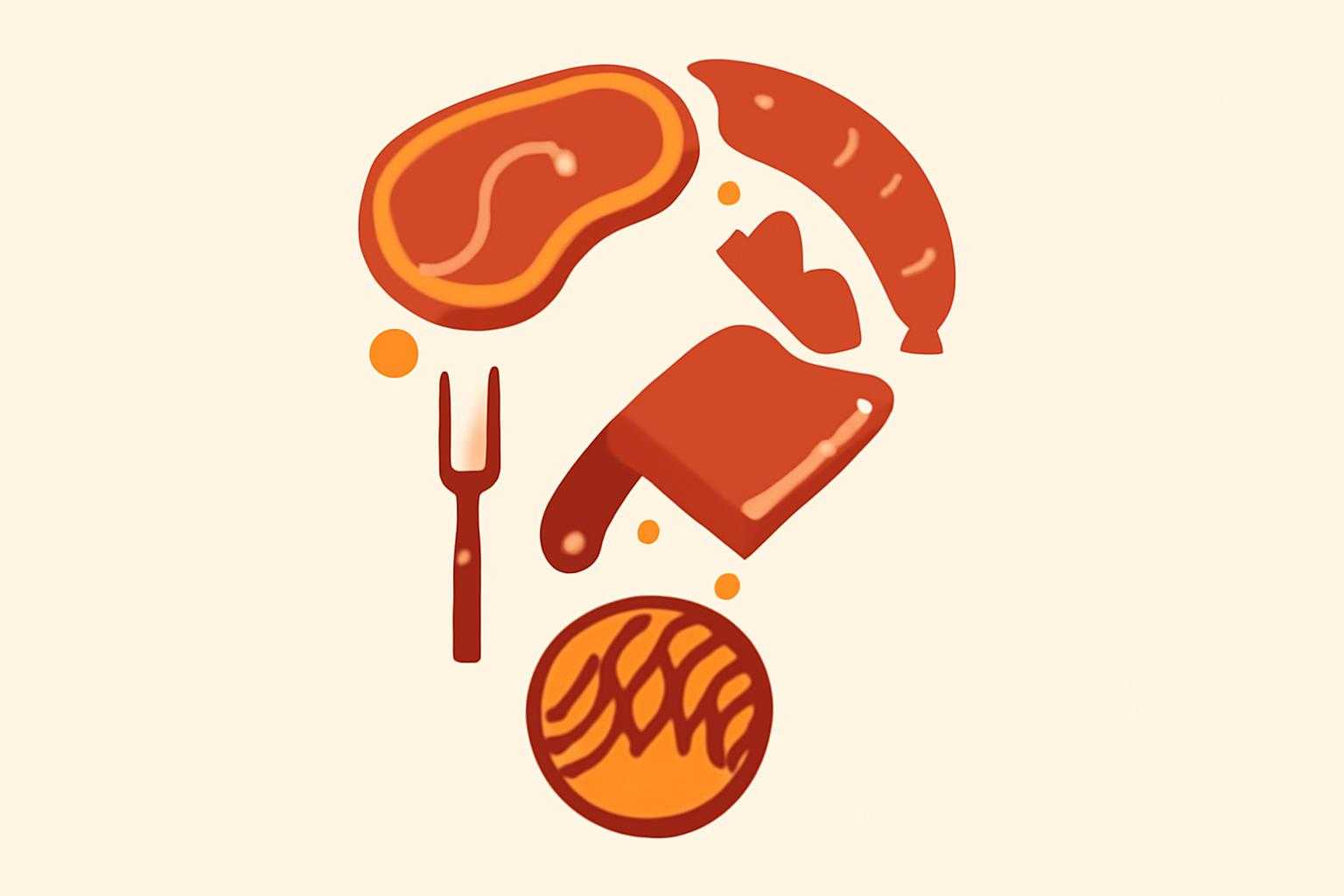 焼肉に関するよくある質問が視覚的に表現された疑問符と食材のイラスト