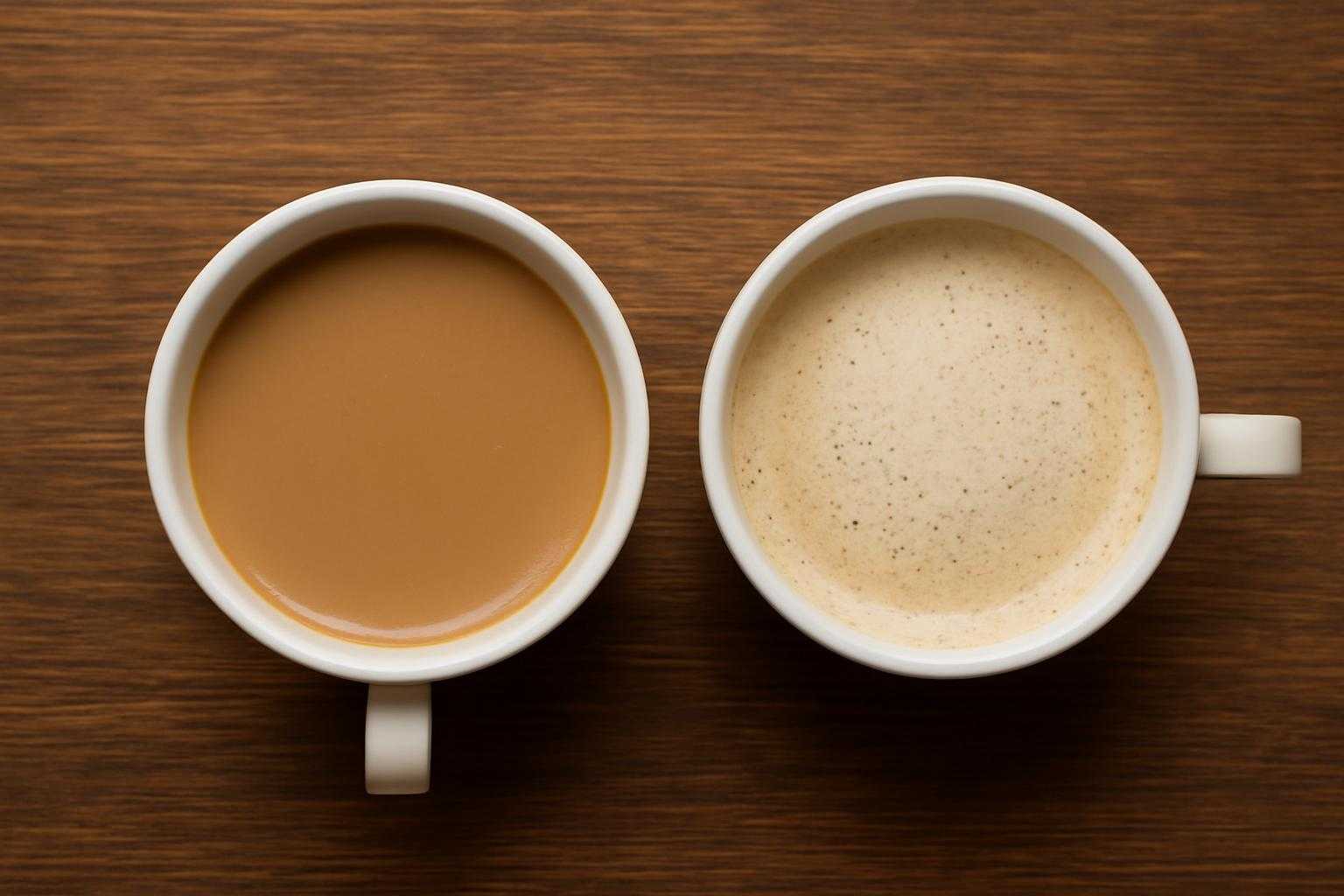 カフェオレとカフェラテが並んだカップ、色合いや質感の違いが分かる