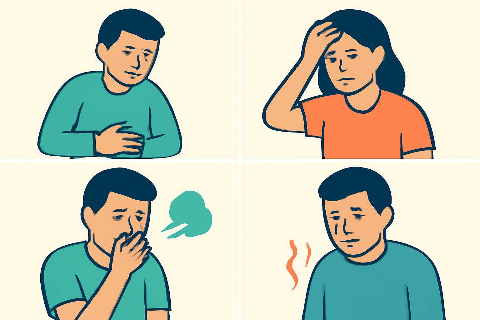 腹痛や発熱、吐き気などの食中毒の主な症状を表現したイラスト